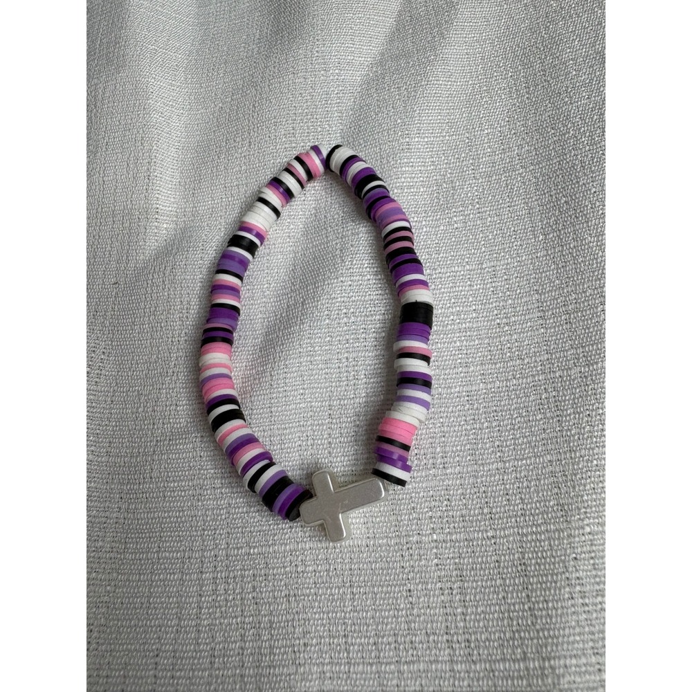 Handmade Heishi Bead Cross Bracelet Purple Pink Black White Clay Disc Stretch